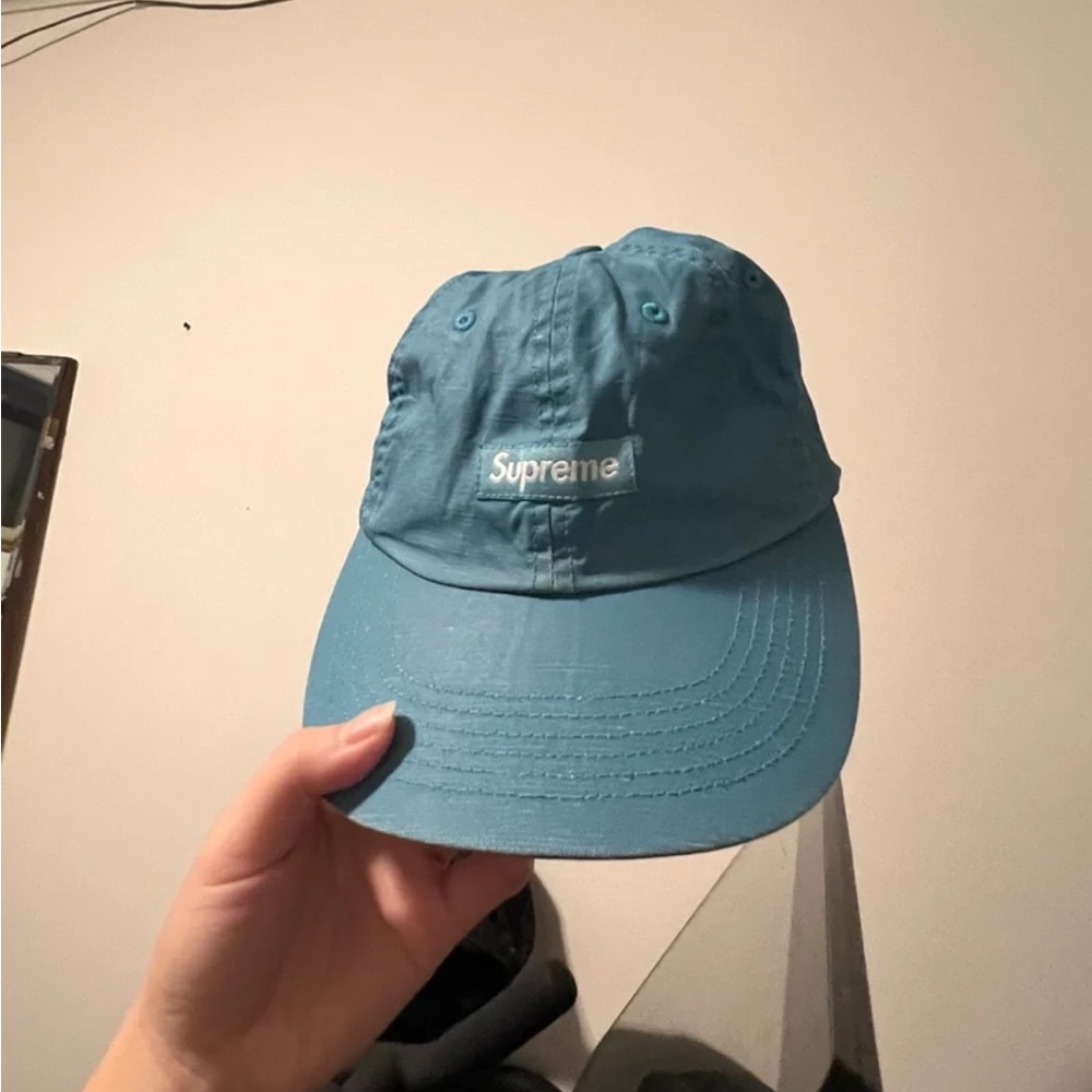 Supreme SS22 Teal Small Box Logo Coated Linen 6-Panel Hat